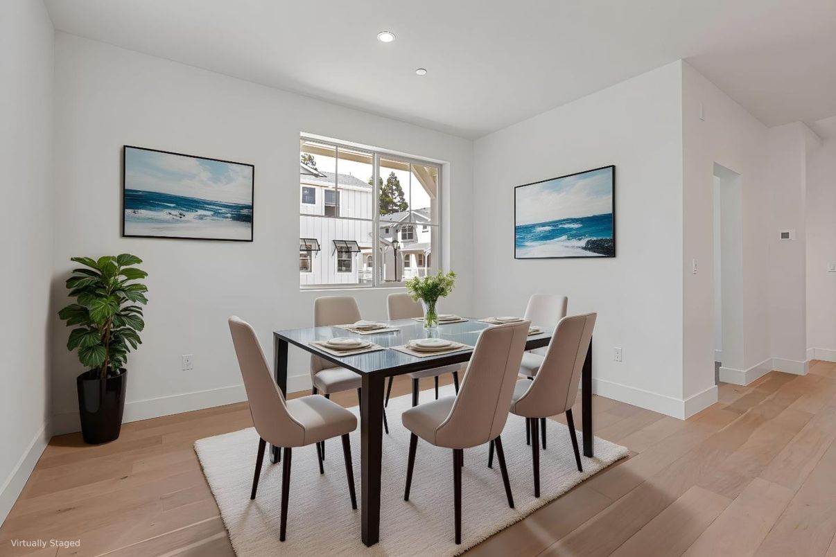 Dining room, Interior, Recessed Lighting, Wood Texture Flooring