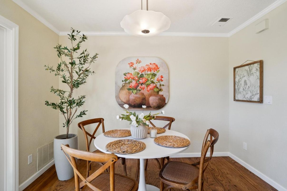 Dining room, Interior, Pendant Lights, Wood Texture Flooring