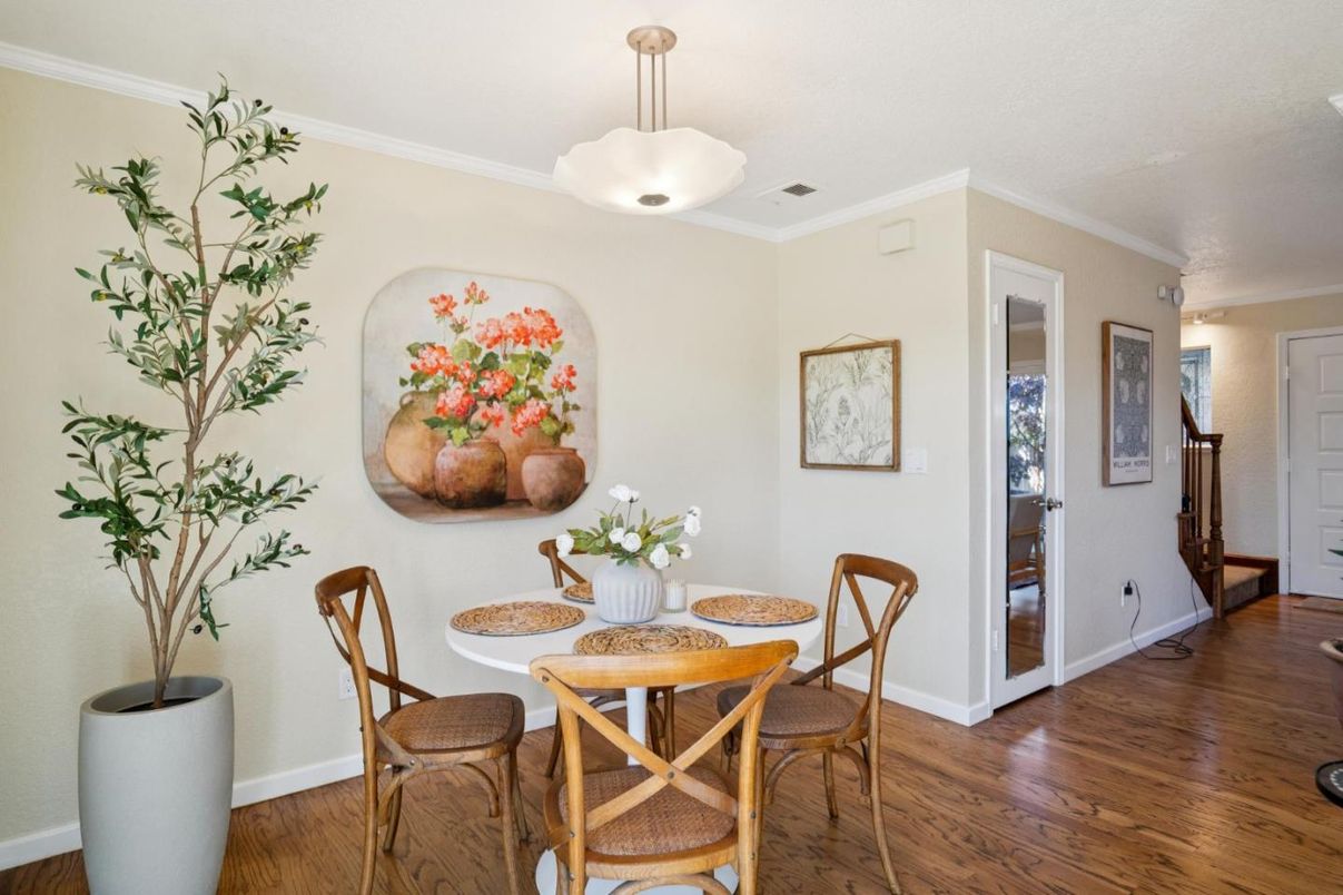 Dining room, Interior, Pendant Lights, Wood Texture Flooring