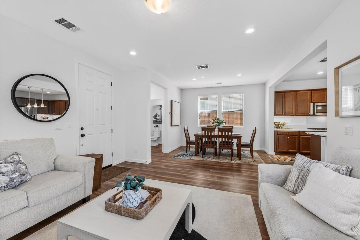 Dining room, Interior, Kitchen, Living room, Recessed Lighting, Wood Texture Flooring