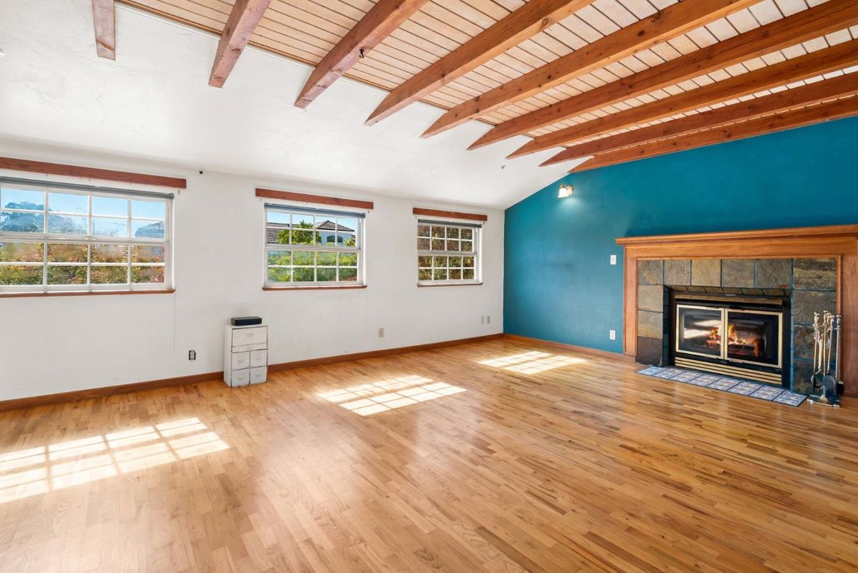 Empty room, Fireplace, Interior, Wooden Beams, Wooden Ceilings, Wood Texture Flooring