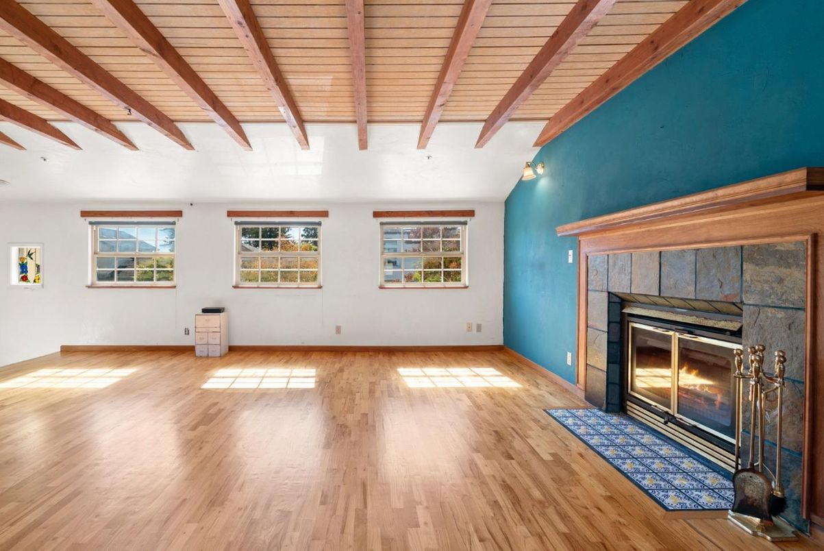 Empty room, Fireplace, Interior, Wooden Beams, Wooden Ceilings, Wood Texture Flooring