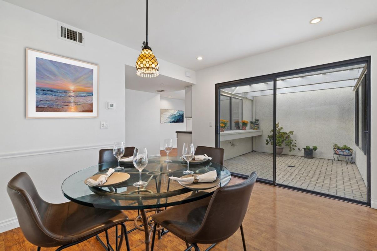 Dining room, Interior, Pendant Lights, Recessed Lighting, Wood Texture Flooring
