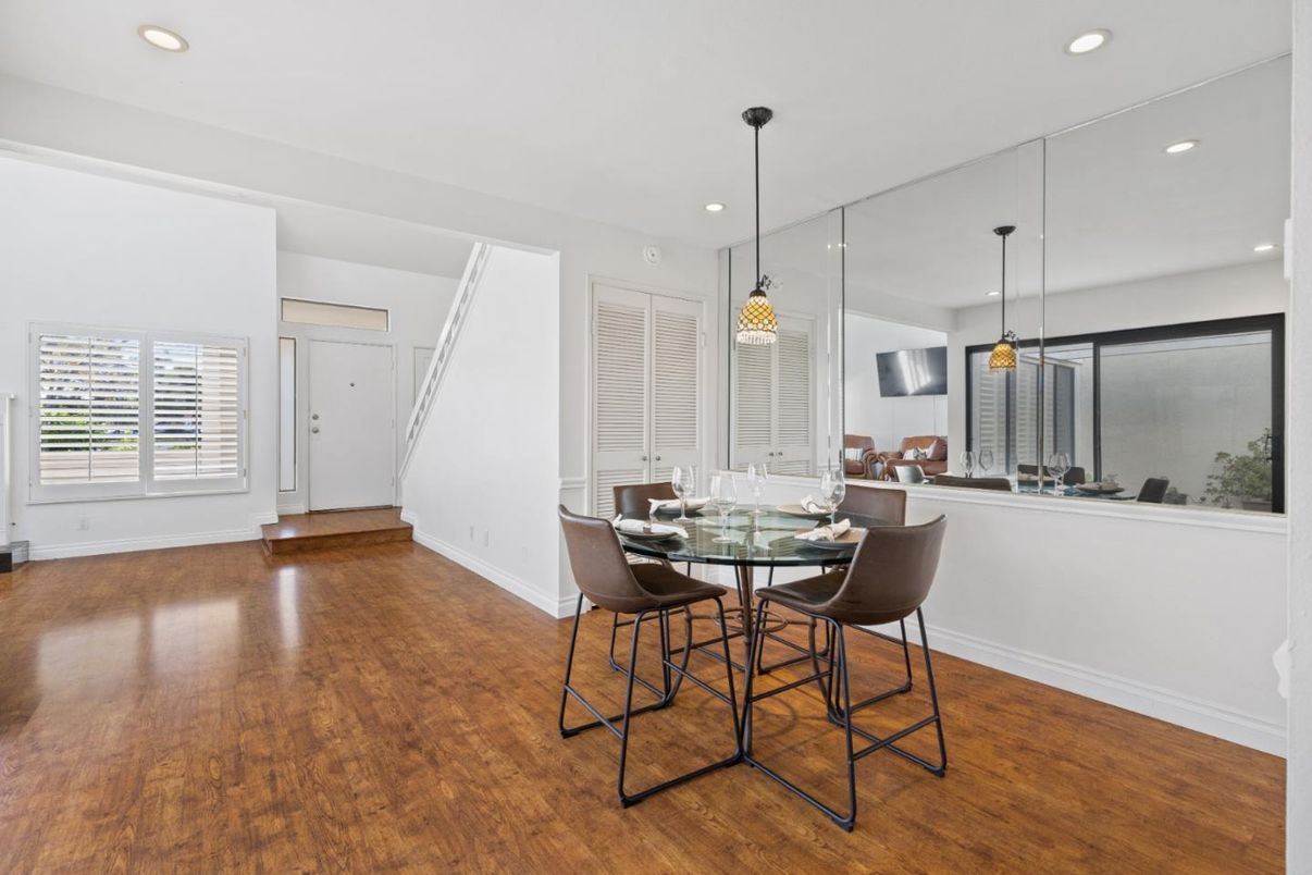 Dining room, Interior, Pendant Lights, Recessed Lighting, Wood Texture Flooring
