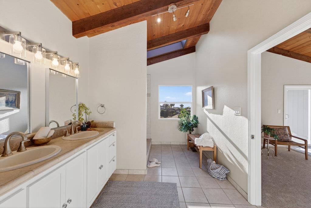 Bathroom, Dual Sink Vanities, Interior, Tile Countertops, Wooden Beams, Wooden Ceilings