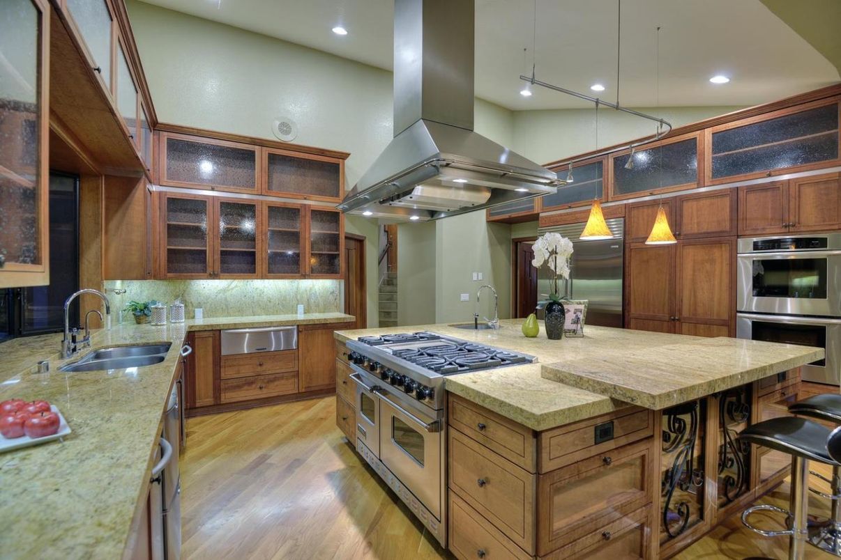 Interior, Kitchen, Pendant Lights, Recessed Lighting, Stainless Steel Appliances, Wood Texture Flooring