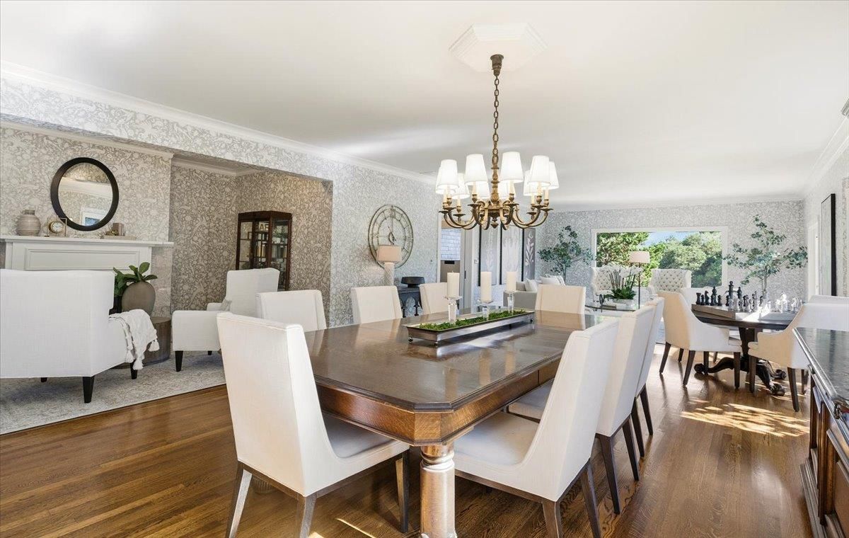 Chandelier, Dining room, Interior, Wood Texture Flooring