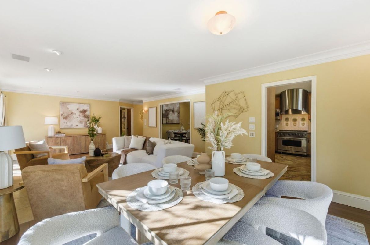 Dining room, Interior, Living room, Recessed Lighting, Stainless Steel Appliances, Wood Texture Flooring