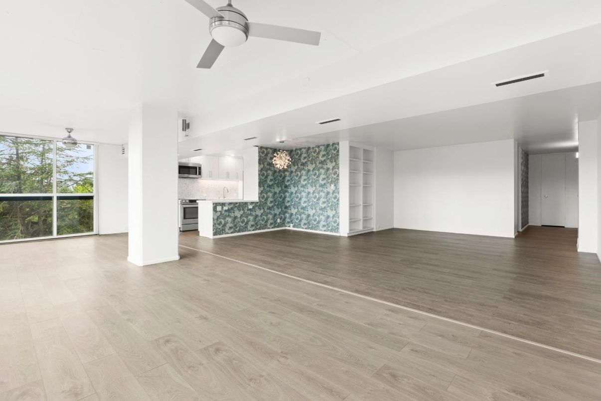 Empty room, Interior, Kitchen, Stainless Steel Appliances, Wood Texture Flooring