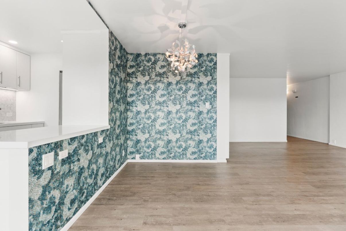 Chandelier, Empty room, Interior, Recessed Lighting, Wood Texture Flooring