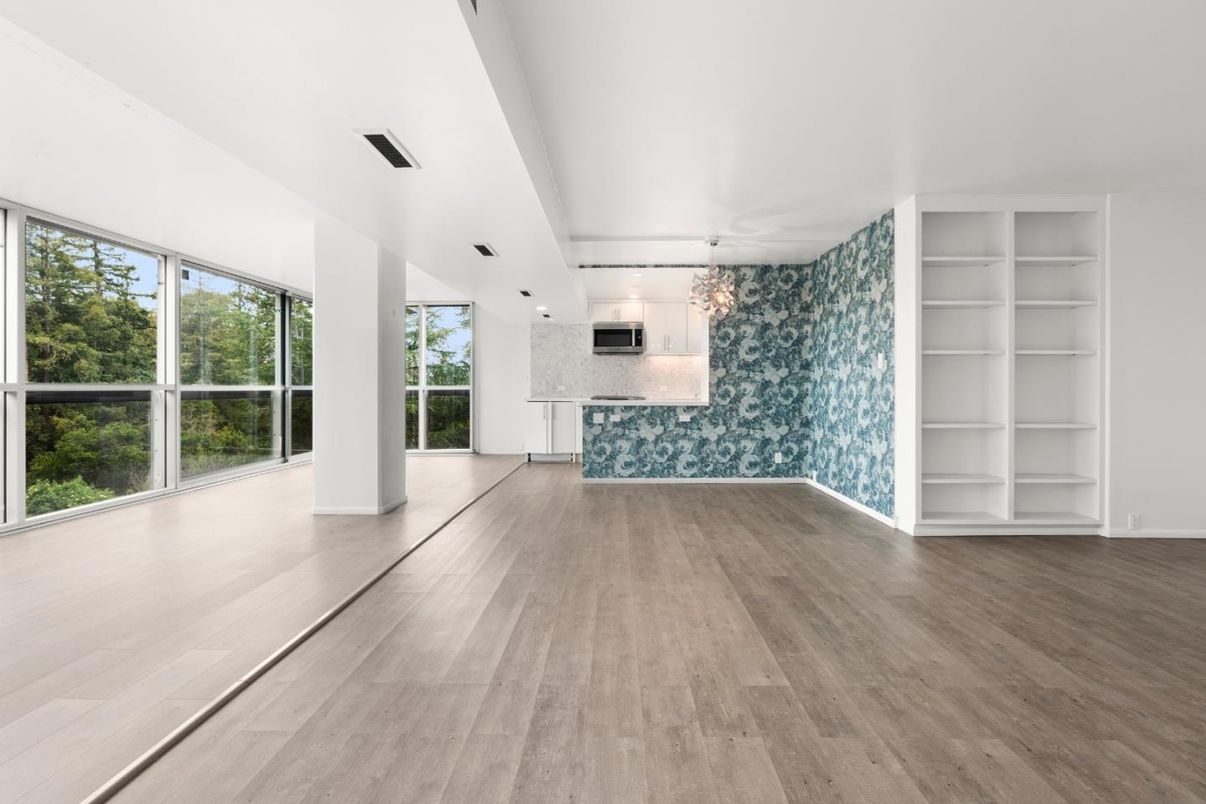 Chandelier, Empty room, Interior, Kitchen, Pendant Lights, Recessed Lighting, Wood Texture Flooring