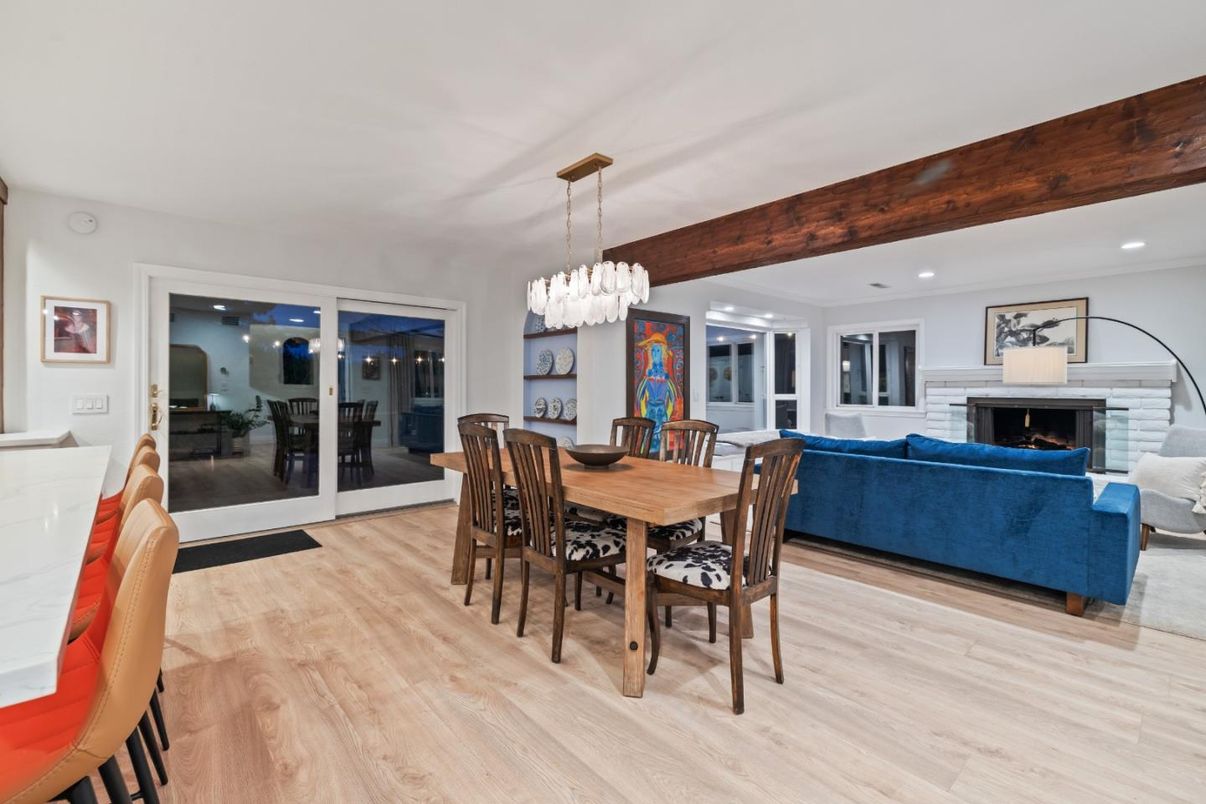 Chandelier, Dining room, Fireplace, Interior, Living room, Recessed Lighting, Wooden Beams, Wood Texture Flooring