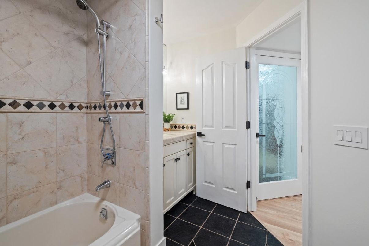 Bathroom, Interior, Marble Walls, Wood Texture Flooring