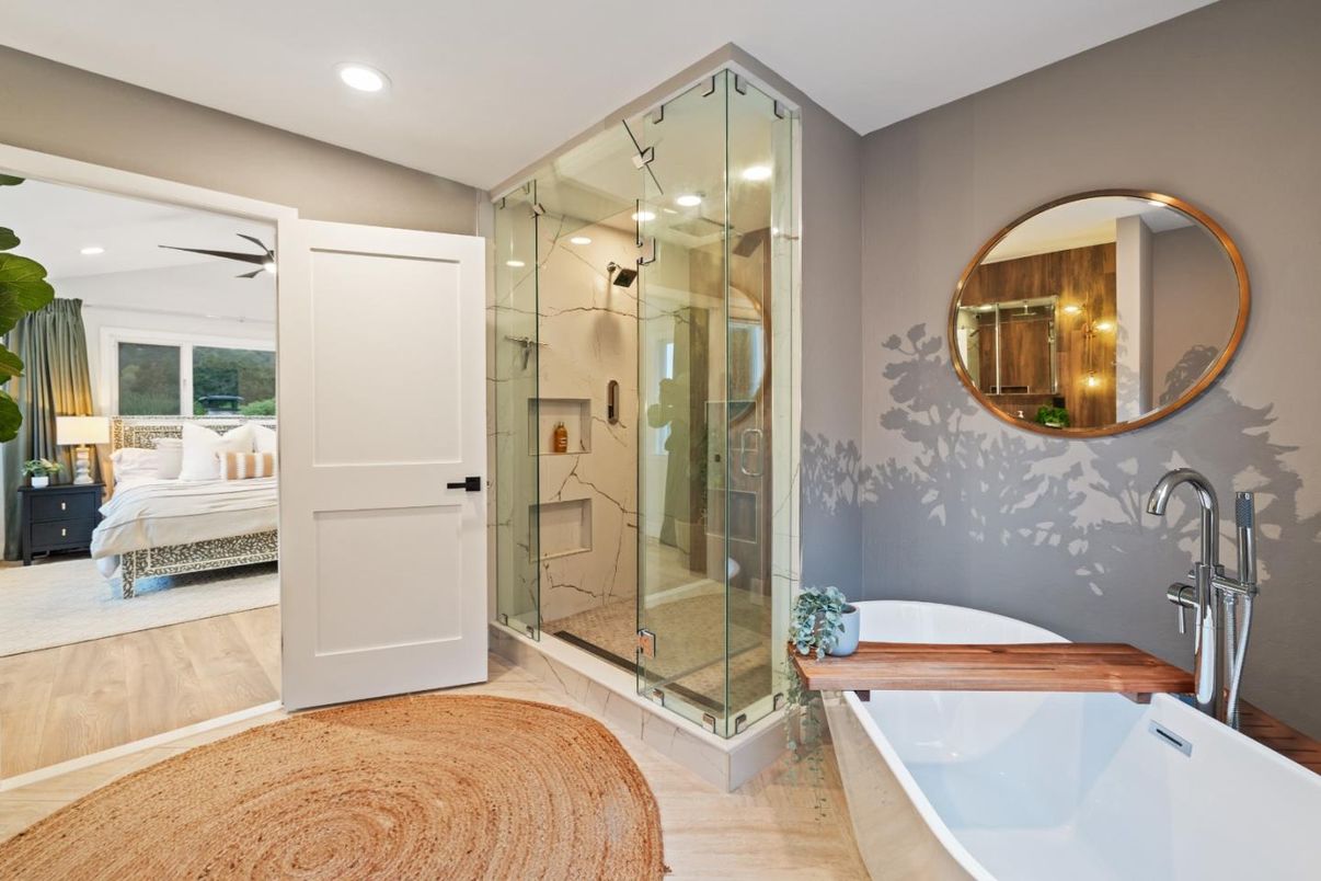 Bathroom, Bedroom, Free Standing Baths, Glass Shower, Interior, Recessed Lighting, Wood Texture Flooring