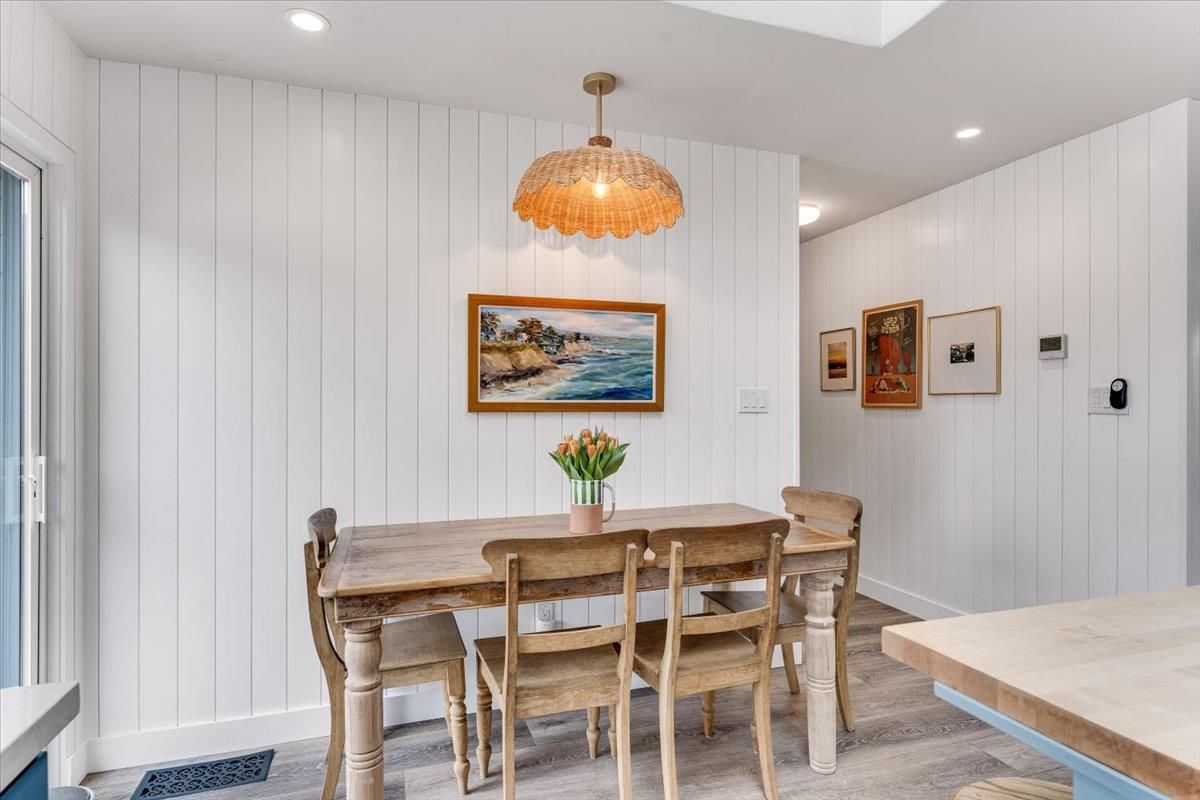 Dining room, Interior, Pendant Lights, Recessed Lighting, Wood Texture Flooring