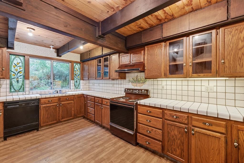 Interior, Kitchen, Tile Countertops, Wooden Beams, Wooden Ceilings, Wood Texture Flooring