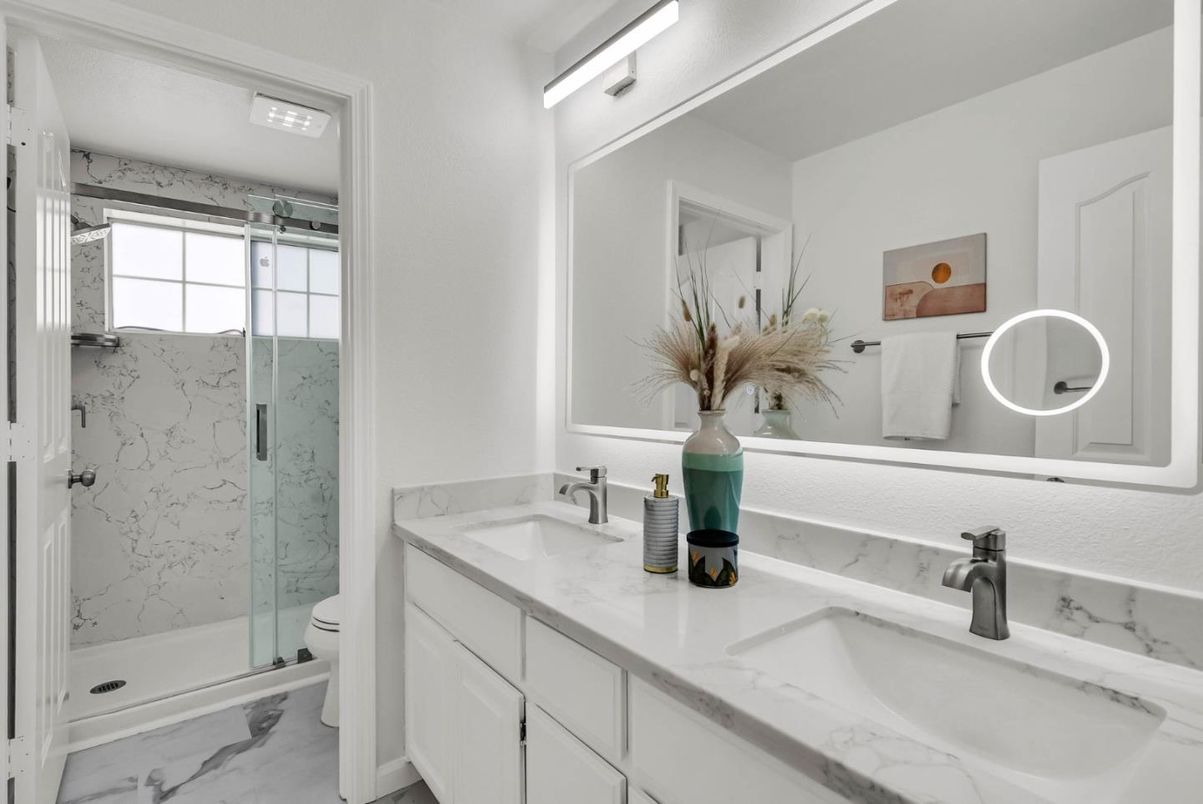 Bathroom, Dual Sink Vanities, Glass Shower, Interior, Marble, Marble Walls