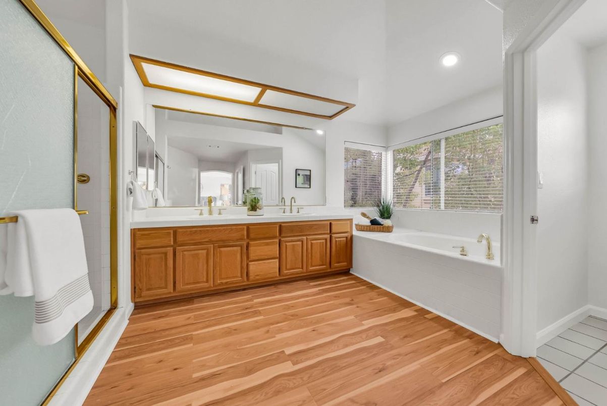 Bathroom, Dual Sink Vanities, Interior, Recessed Lighting, Wood Texture Flooring