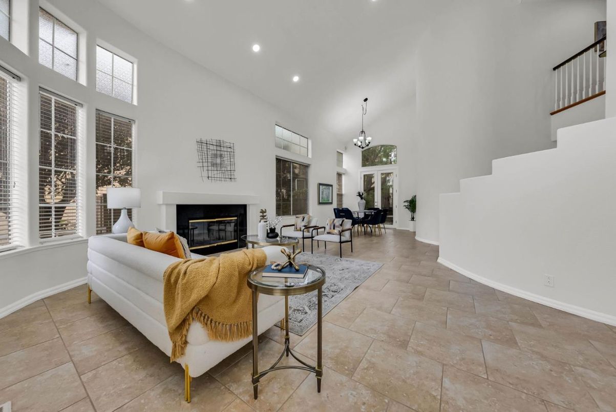 Chandelier, Dining room, Fireplace, Interior, Living room, Pendant Lights, Recessed Lighting