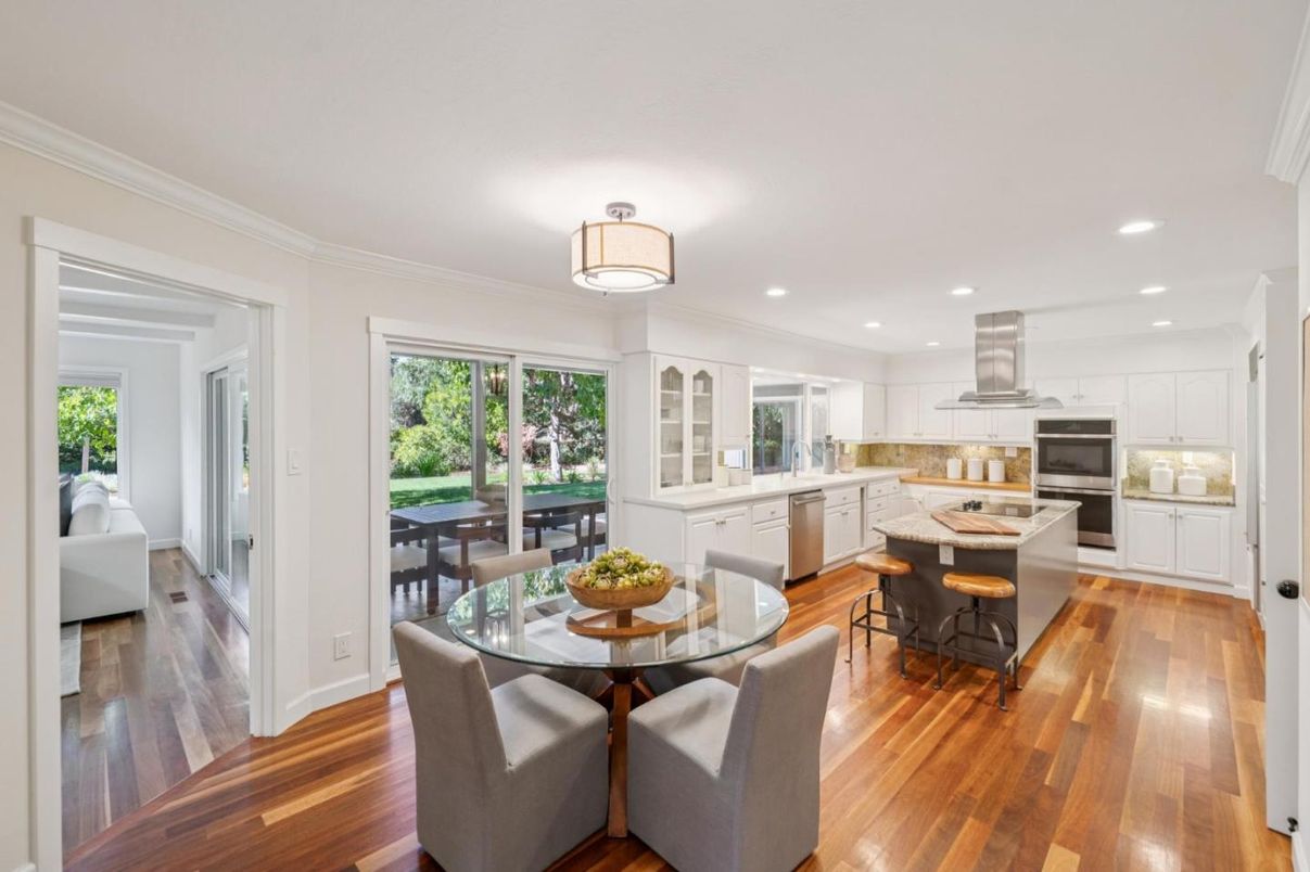 Dining room, Interior, Kitchen, Recessed Lighting, Stainless Steel Appliances, Wood Texture Flooring