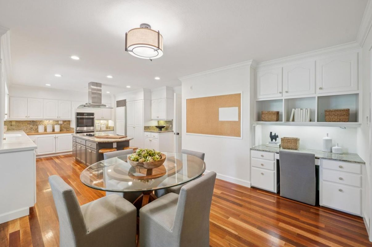 Dining room, Interior, Kitchen, Recessed Lighting, Stainless Steel Appliances, Wood Texture Flooring