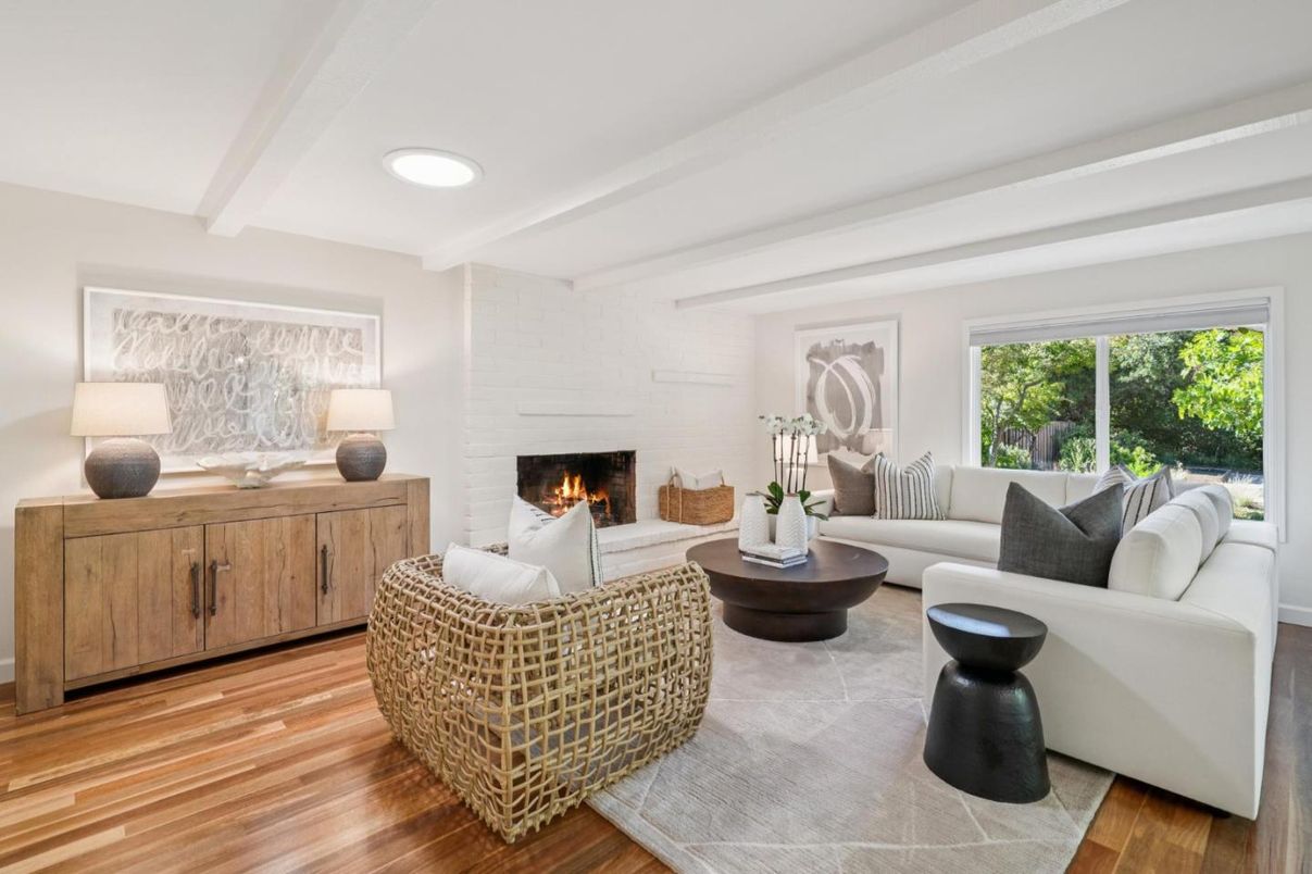 Fireplace, Interior, Living room, Recessed Lighting, Stone Walls, Wood Texture Flooring