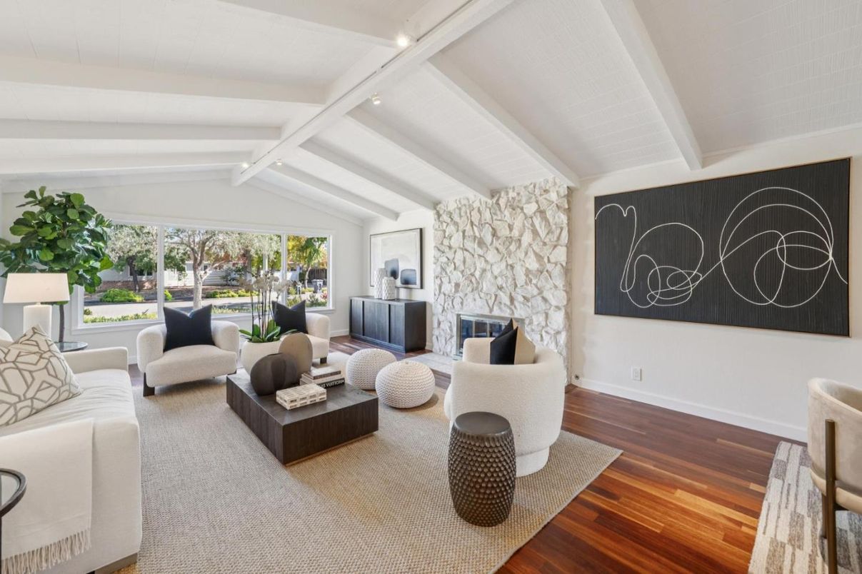 Fireplace, Interior, Living room, Recessed Lighting, Stone Walls, Wood Texture Flooring
