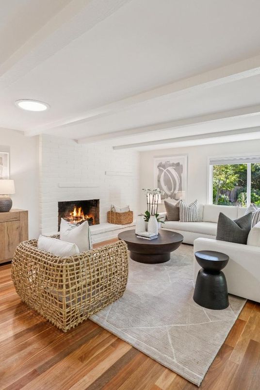 Fireplace, Interior, Living room, Recessed Lighting, Stone Walls, Wood Texture Flooring