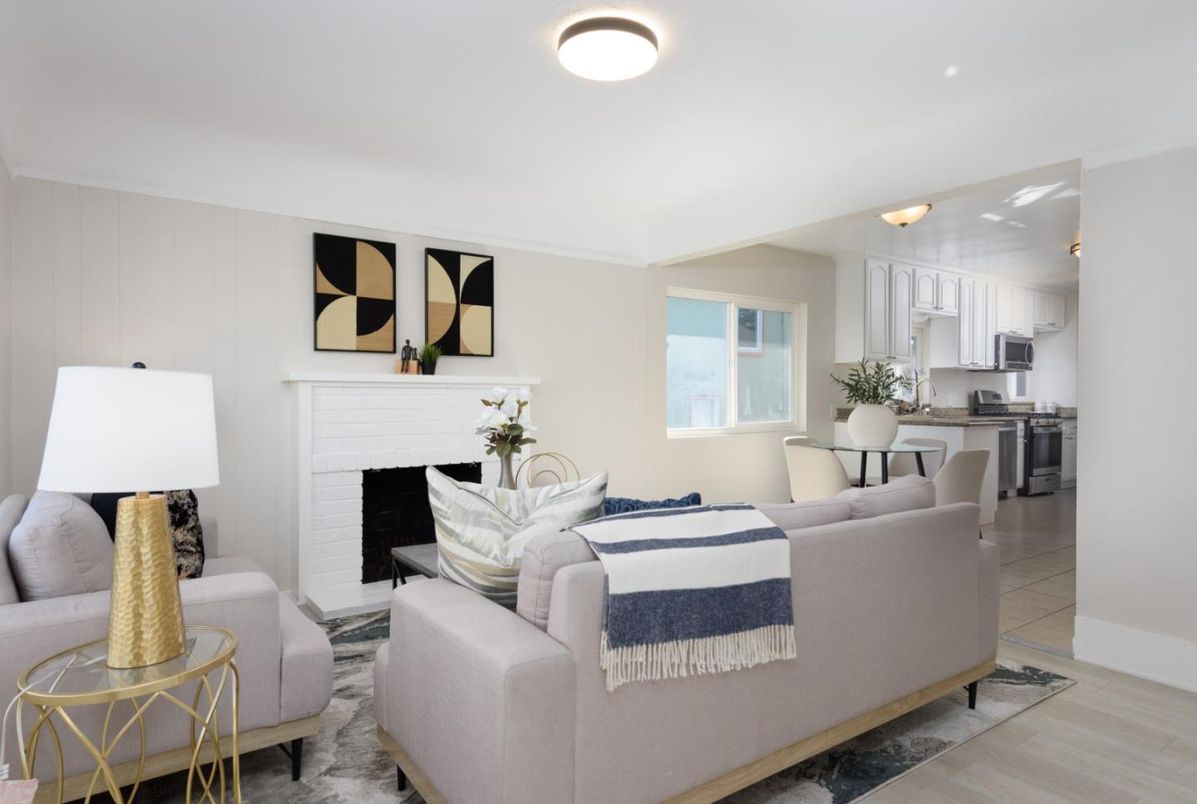 Dining room, Fireplace, Interior, Kitchen, Living room, Stainless Steel Appliances, Wood Texture Flooring