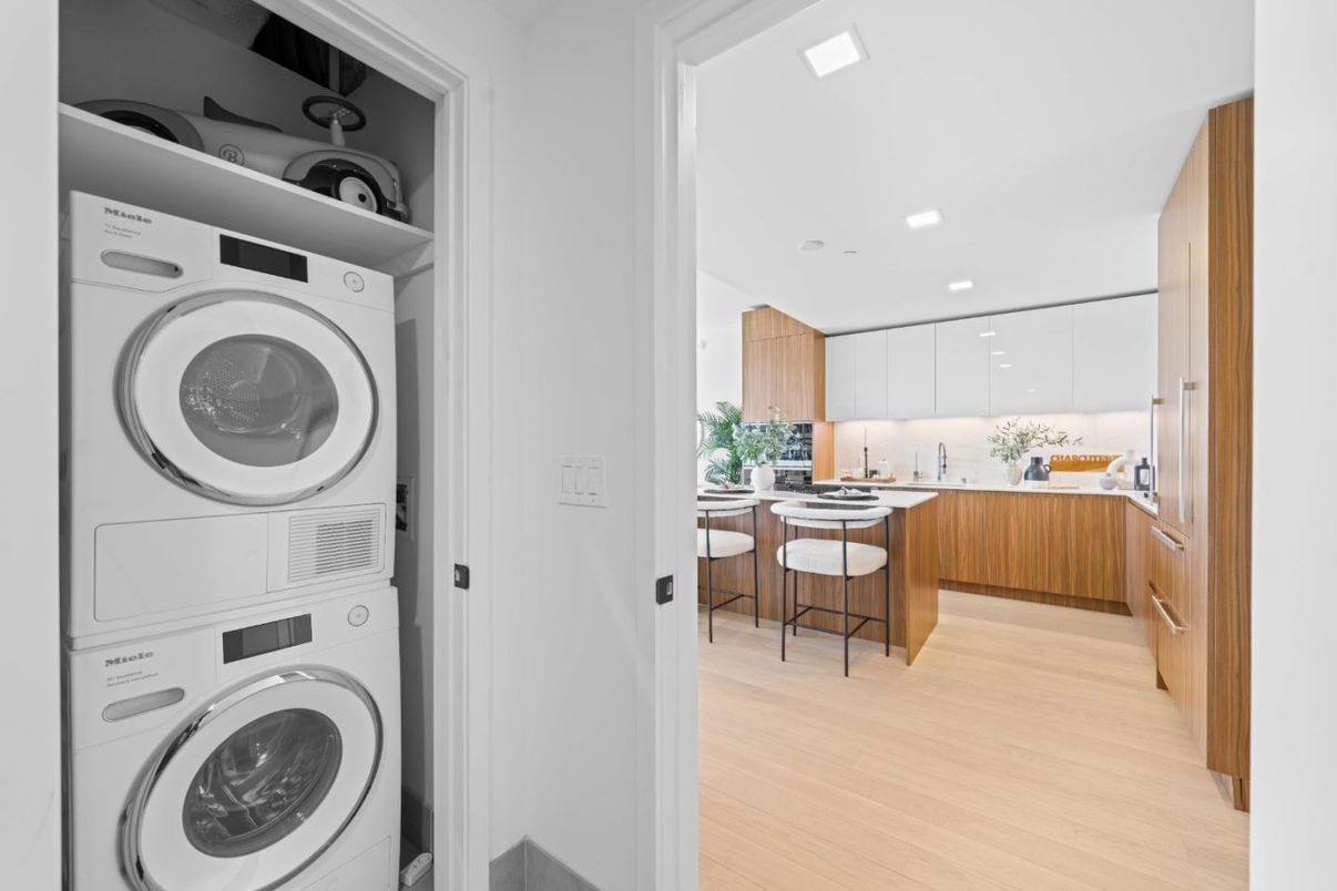 Interior, Kitchen, Recessed Lighting, Utility Closets, Washer, Wood Texture Flooring