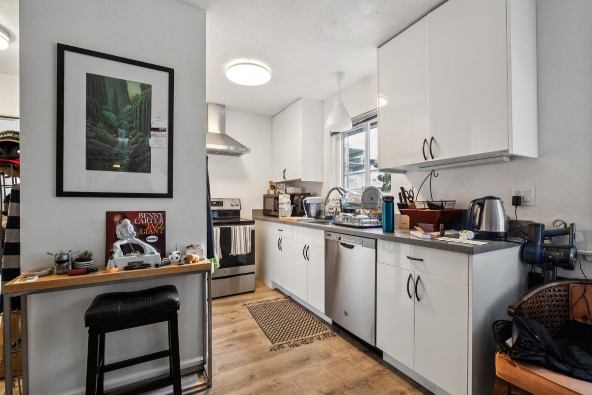Interior, Kitchen, Pendant Lights, Stainless Steel Appliances, Wood Texture Flooring
