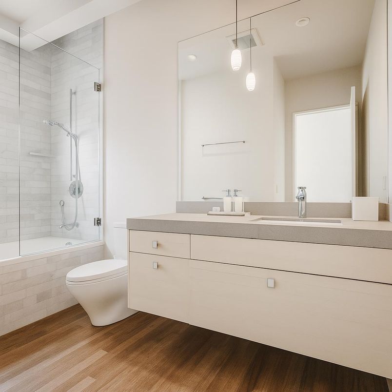 Bathroom, Glass Shower, Interior, Pendant Lights, Recessed Lighting, Wood Texture Flooring