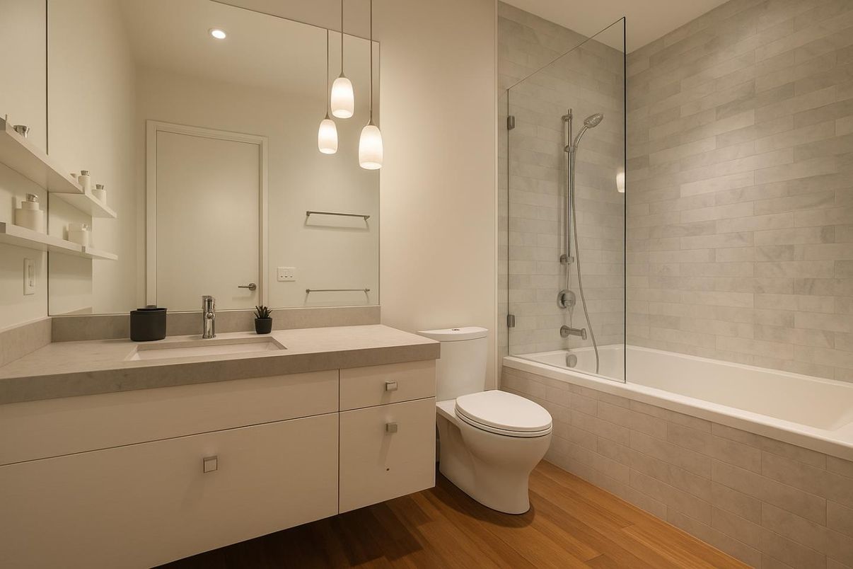 Bathroom, Glass Shower, Interior, Pendant Lights, Recessed Lighting, Wood Texture Flooring