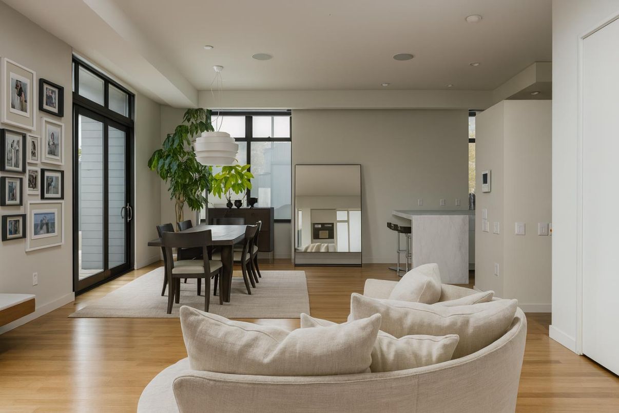 Dining room, Interior, Living room, Pendant Lights, Recessed Lighting, Wood Texture Flooring