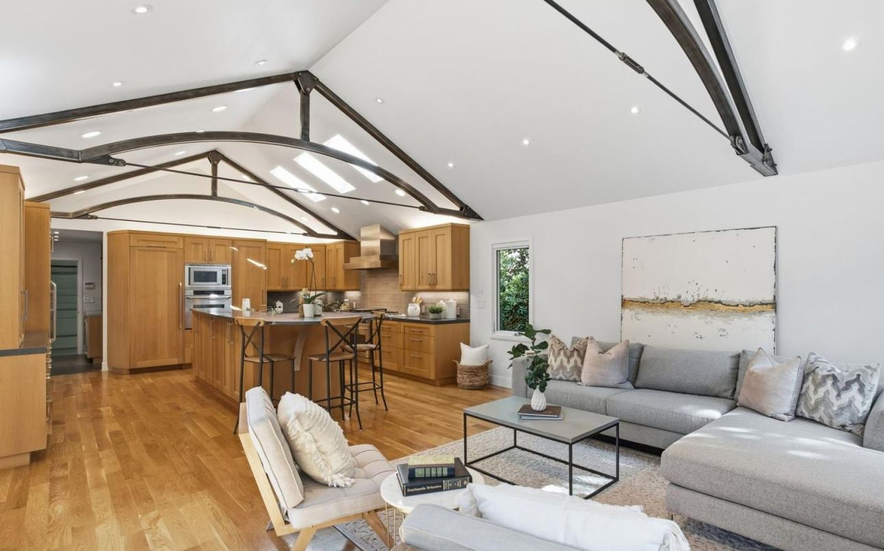 Interior, Kitchen, Living room, Recessed Lighting, Stainless Steel Appliances, Wood Texture Flooring