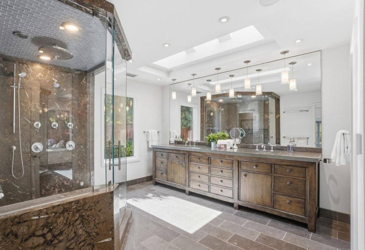 Bathroom, Dual Sink Vanities, Glass Shower, Interior, Pendant Lights, Recessed Lighting