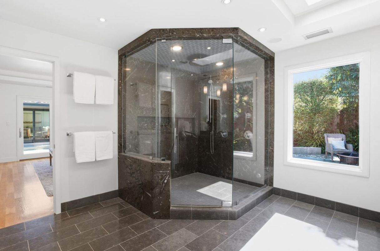 Bathroom, Glass Shower, Interior, Recessed Lighting, Wood Texture Flooring