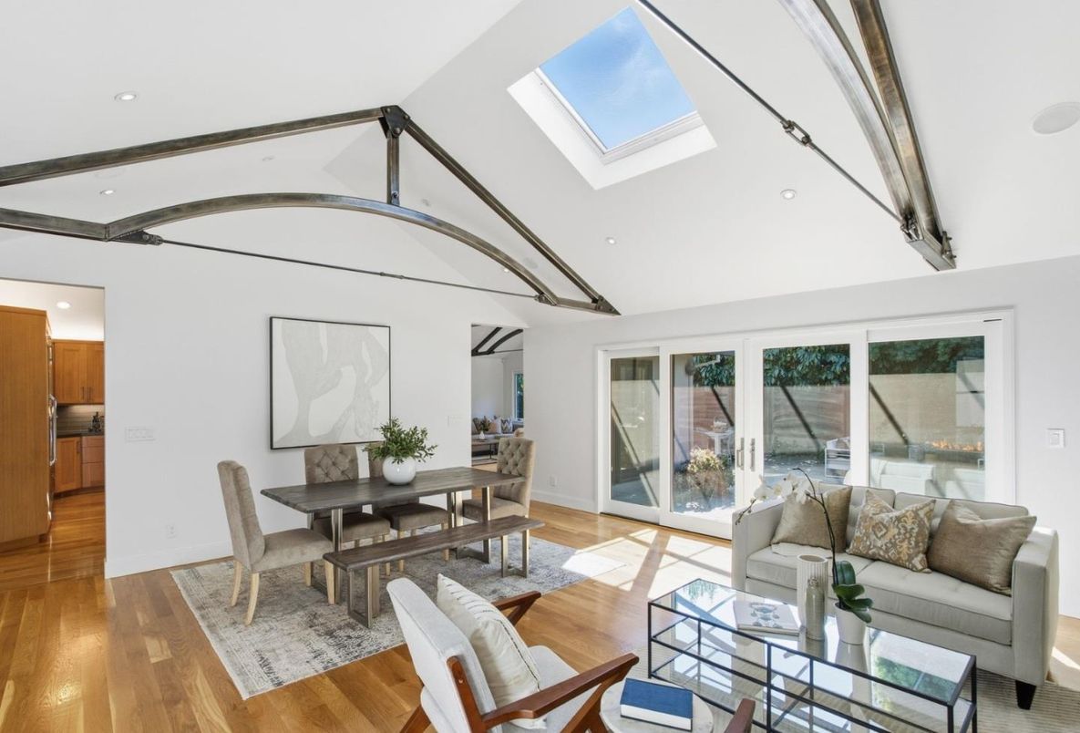 Dining room, Glass Ceilings, Interior, Living room, Recessed Lighting, Water, Wood Texture Flooring