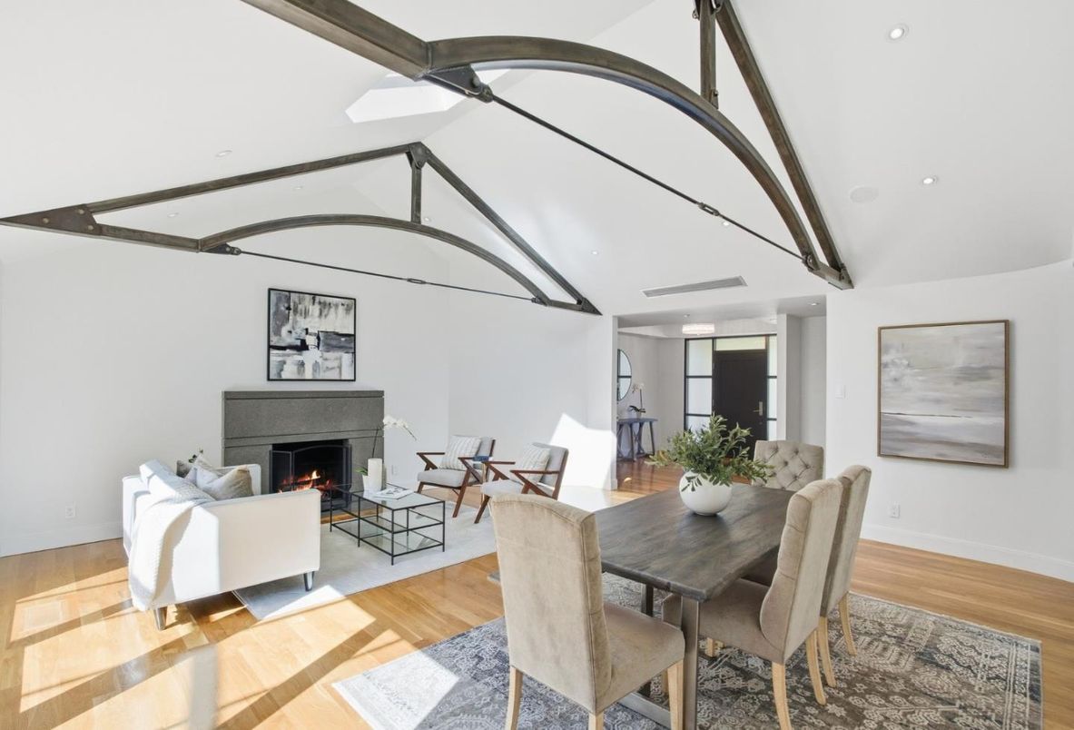 Dining room, Fireplace, Interior, Living room, Recessed Lighting, Wood Texture Flooring