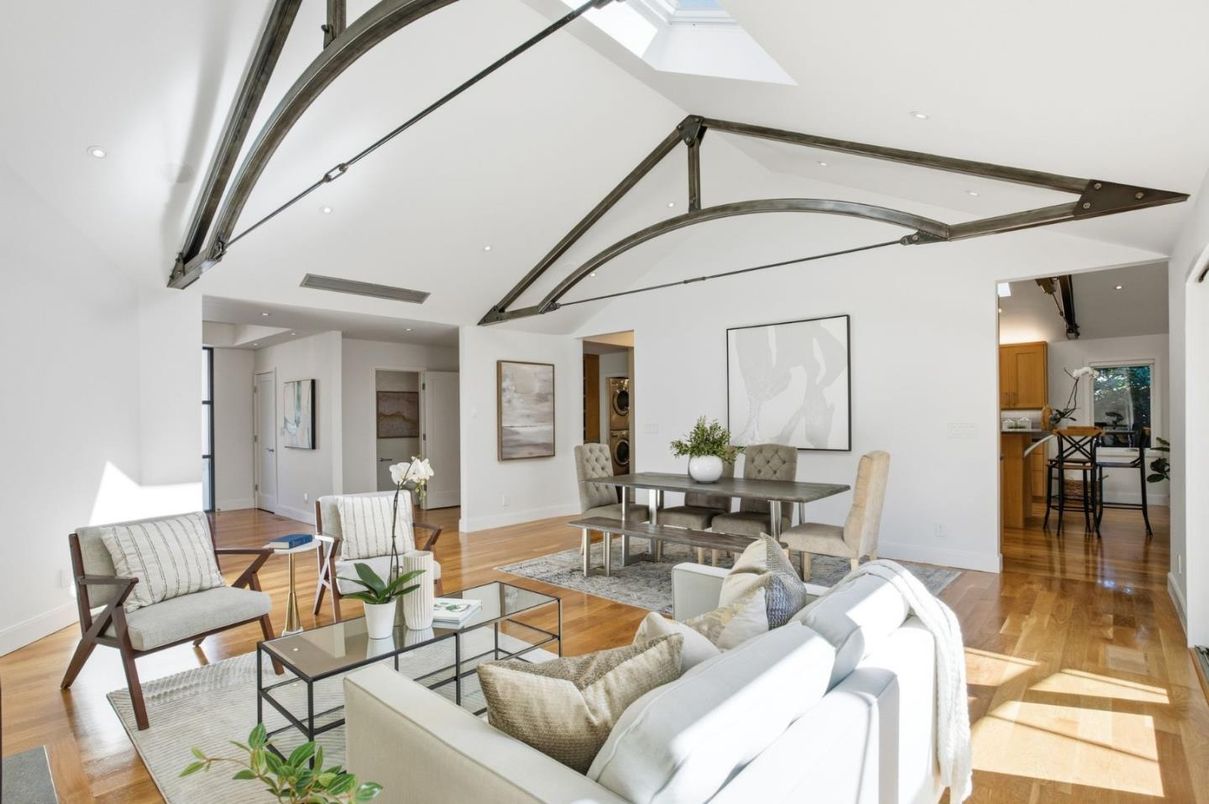 Dining room, Interior, Living room, Recessed Lighting, Wood Texture Flooring