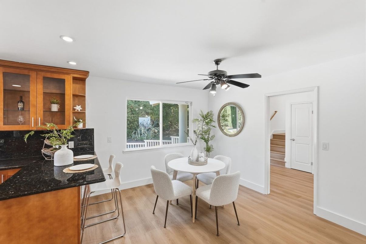 Dining room, Interior, Recessed Lighting, Wood Texture Flooring