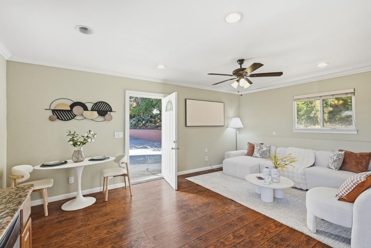 Dining room, Interior, Living room, Recessed Lighting, Wood Texture Flooring