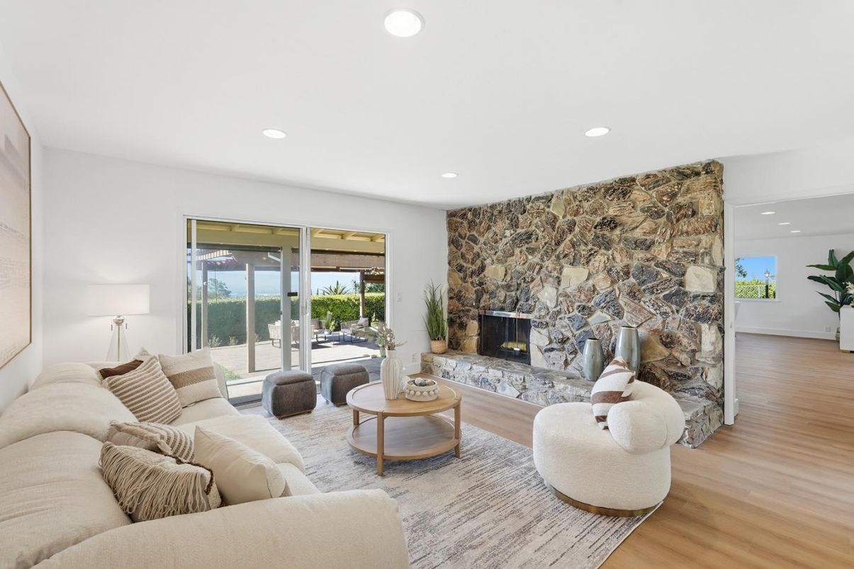 Fireplace, Interior, Living room, Recessed Lighting, Stone Walls, Wood Texture Flooring