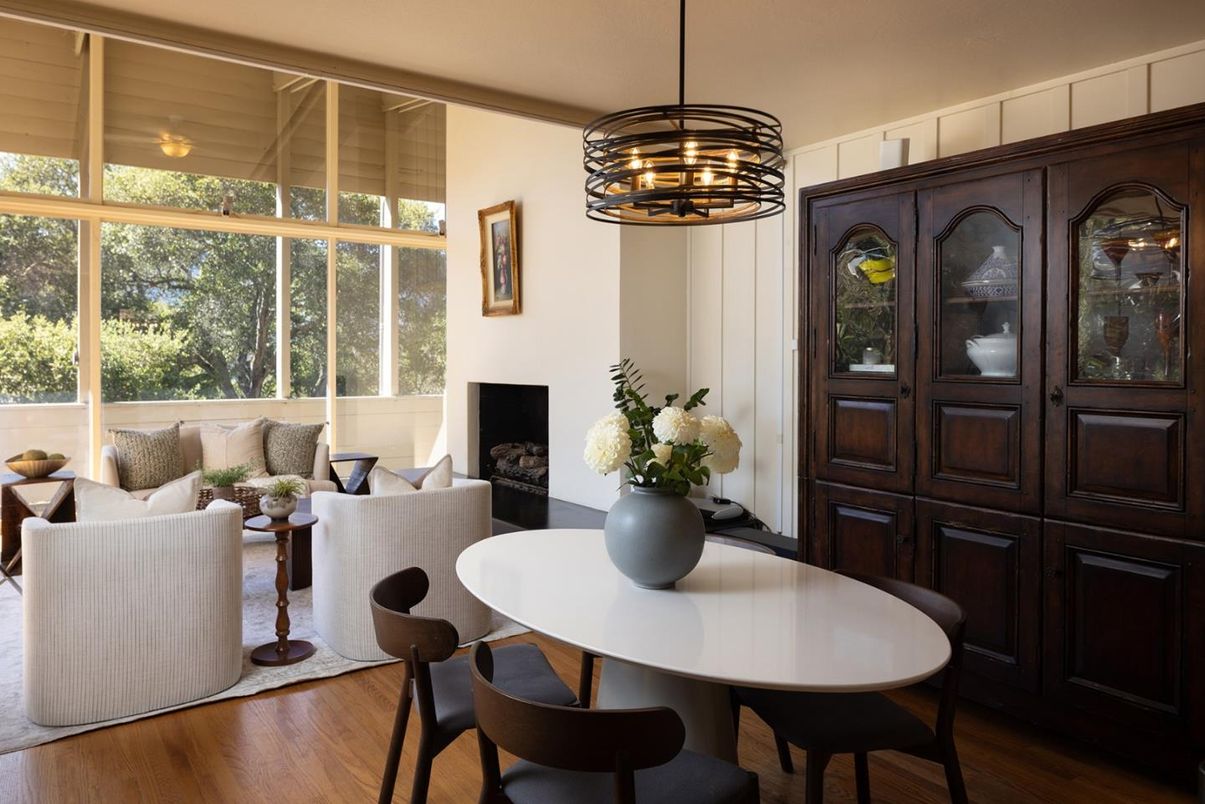 Dining room, Interior, Living room, Pendant Lights, Wood Texture Flooring