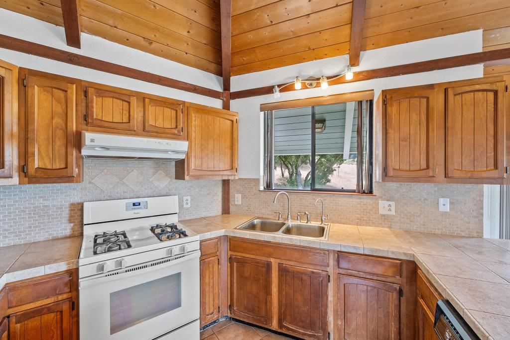 Interior, Kitchen, Tile Countertops, Wooden Ceilings