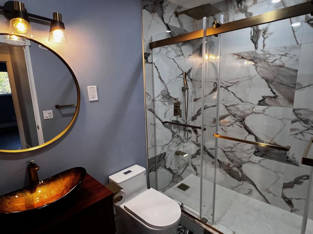 Bathroom, Glass Shower, Interior, Marble Walls