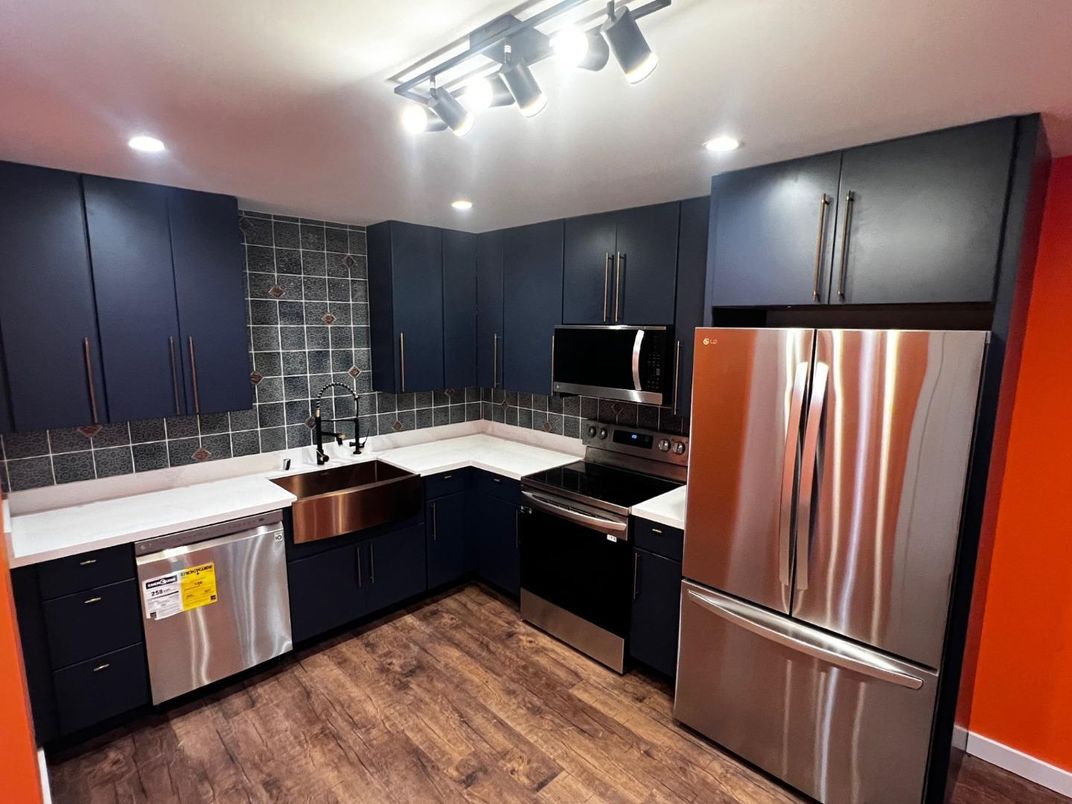 Interior, Kitchen, Recessed Lighting, Stainless Steel Appliances, Wood Texture Flooring