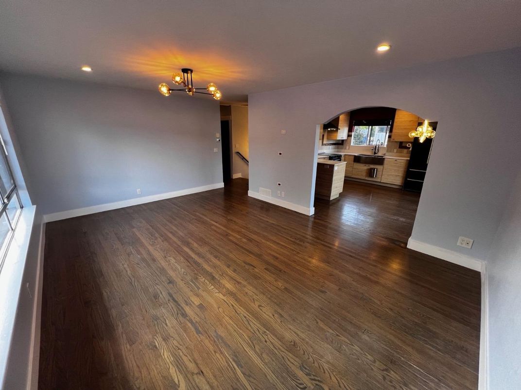 Empty room, Interior, Kitchen, Pendant Lights, Recessed Lighting, Wood Texture Flooring