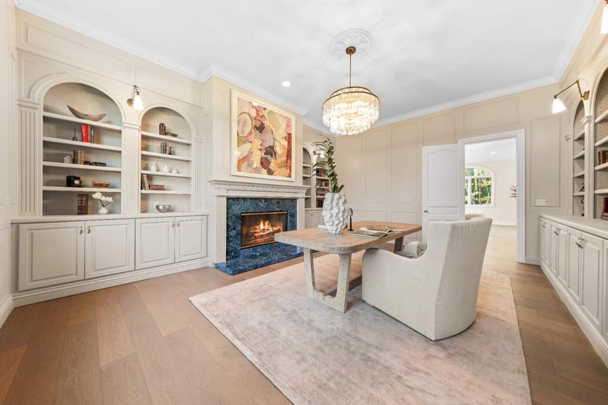 Chandelier, Fireplace, Home Office, Interior, Recessed Lighting, Wood Texture Flooring