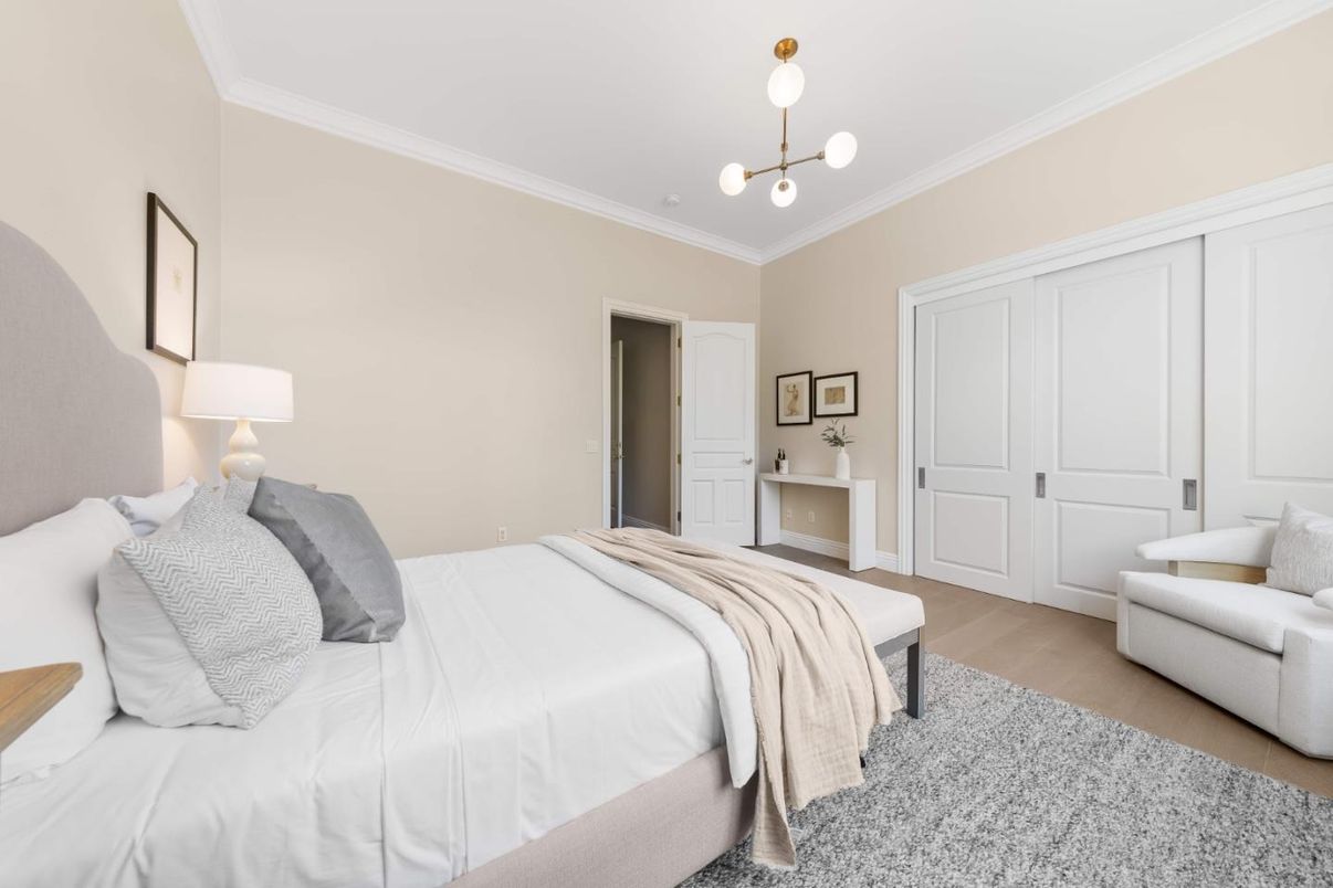 Bedroom, Interior, Pendant Lights, Wood Texture Flooring